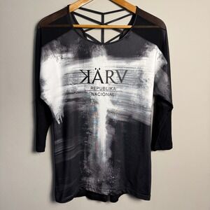 Karv Repulika Nacional Graphic Print 3/4 Sleeve T-Shirt Crisscross Womens Lg‎
